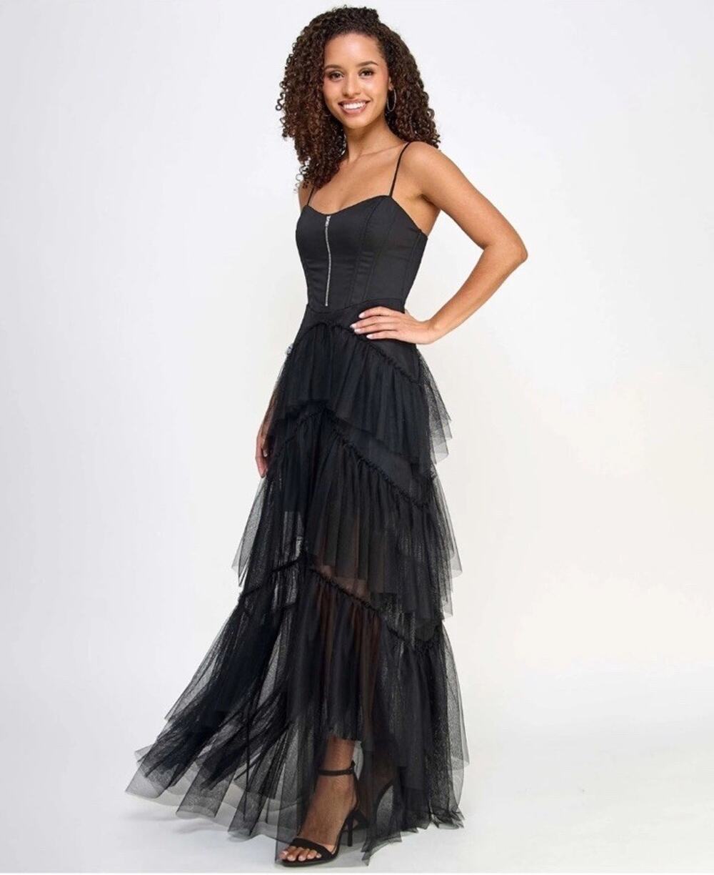 CITY STUDIO Black Tulle Tiered Ruffle Maxi Formal Gown Dress Prom Dark Romantic